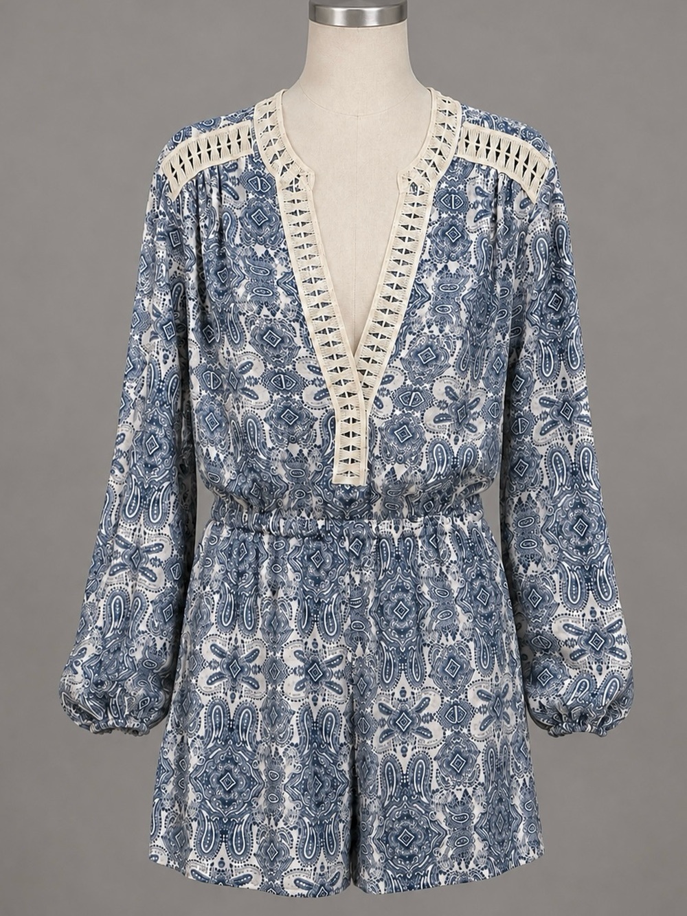 Blue White Paisley Crochet Trim Long Sleeve Romper Boho Festival